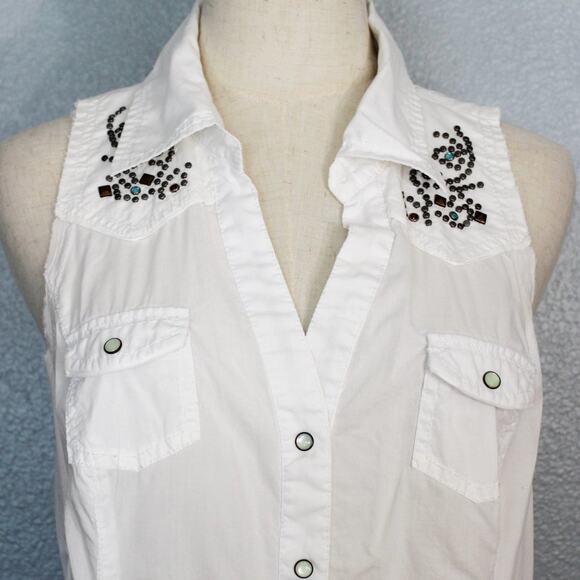 Guess Sleeveless Embellished Button Down Shirt Size L - Picture 2 of 10